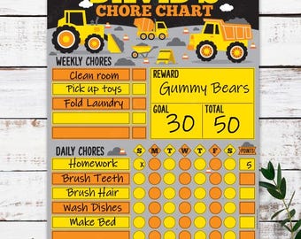 Construction Chore Chart Dry Erase Board Reusable Personalized Boy Reward Tracker Responsibility Dump Truck Daily Routine Daily Checklist