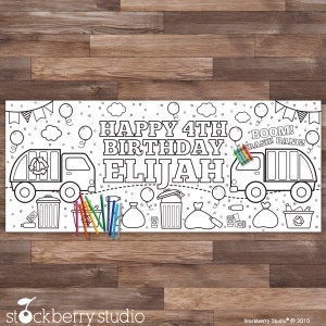 May include: A black and white coloring page featuring a garbage truck with the text "Happy 4th Birthday Elijah" and "BOOM! RASH! BANG!" The page is decorated with stars, balloons, and trash cans.