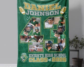 Voetballer jersey nummerdeken met foto's gepersonaliseerde sport Senior Night College High School afstuderen fotocadeau Team Awards