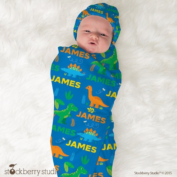 Dinosaur Swaddle Boys Baby Blanket Name Personalized Dinosaurs
