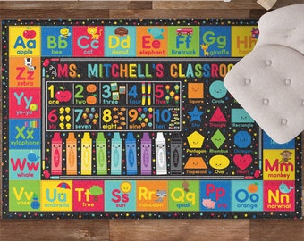 May include: A colorful alphabet and number rug with a black background. The rug features letters, numbers, and pictures of objects. The text "Ms. Mitchell's Classroom" is printed in white on a black banner.