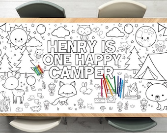 Camp Coloring Tablecloth Decorations One Happy Camper Birthday Camping Kids Party Games Activity Poster Table Runner Decor Table Cover