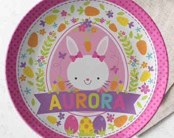 Plato de conejito de Pascua para niña, regalo personalizado con nombre, recuerdo para niño, vajilla personalizada con monograma para niños pequeños, zanahorias para conejito, huevo de Pascua