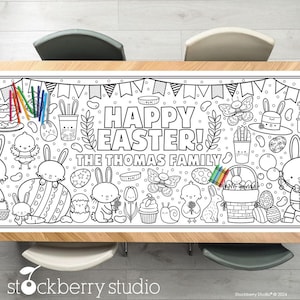 May include: A black and white colouring tablecloth featuring a Happy Easter! banner with bunnies, chicks, and other Easter-themed illustrations. The text "The Thomas Family" is included on the tablecloth.