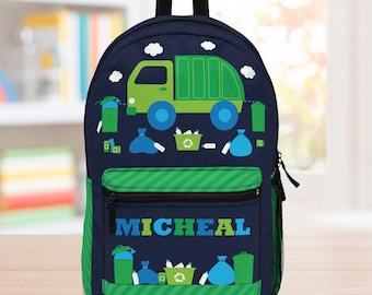 Mochila de caminhão de lixo com nome personalizado para crianças, mochila de volta às aulas personalizada para caminhão de lixo, mochila infantil para viagem e férias, presente para meninos