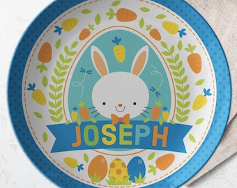 Placa con nombre de conejito de Pascua, regalo personalizado para niños, niño y niña, recuerdo personalizado con monograma, vajilla para niños pequeños, zanahorias para conejito, huevo de Pascua