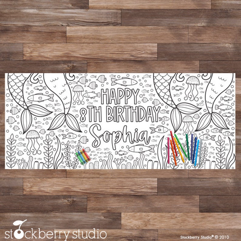 May include: A black and white coloring page featuring a mermaid tail, fish, and jellyfish. The text "Happy 8th Birthday Sophia" is written in a decorative font.