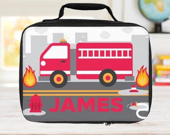 Firetruck Lunchbox Personalizado Niños Camión de Bomberos Bolsa de Almuerzo Niño Excavadora Niño Lonchera Nombre Personalizado Escuela Bolsa de Almuerzo Aislada