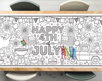 4th of July Coloring Tablecloth Birthday Party Decorations Independence Day Kids Games Activity Poster Table Runner USA First Birthday Decor
