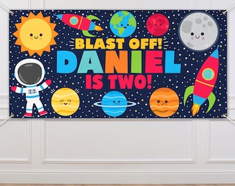 Space Birthday Vinyl Banner Personalized Outer Space Birthday Banner Sun Galaxy Astronaut Party Decor Out of This World Birthday Decoration