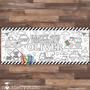 Construction Coloring Tablecloth Birthday Party Decorations Children's Party Games Activity Poster Table Runner Boy First Birthday Decor image 2