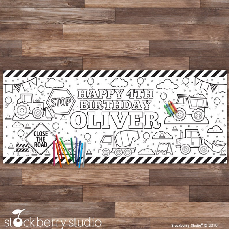 Construction Coloring Tablecloth Birthday Party Decorations Children's Party Games Activity Poster Table Runner Boy First Birthday Decor image 2