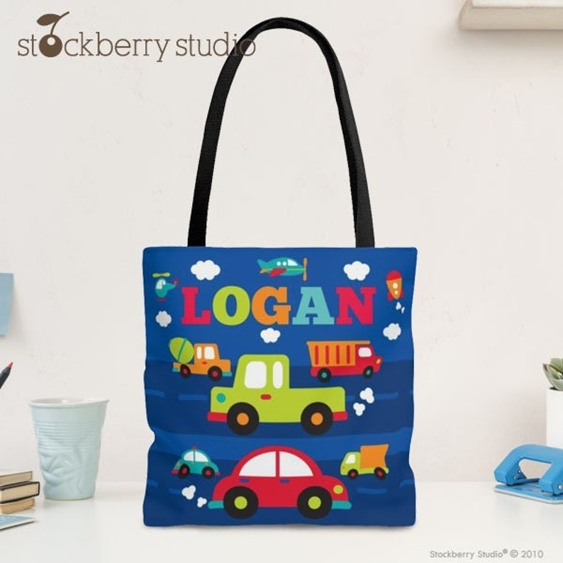 Transportation Tote Bag Personalized Gift with Name Cars Truck Vehicle Boys Daycare Bag School Custom Transportation Party Treat Favor Bag image 1