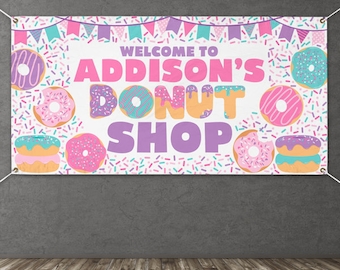 Donut Birthday Party Vinyl Banner Personalized Donut Decorations Party Banner Donut Decor Custom Girl Donut Birthday Name Banner