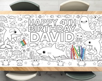 Under the Sea Coloring Tablecloth Birthday Party Decorations Kids Games Activity Poster Ocean Table Runner Shark Beach First Birthday Decor
