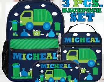 Set zaino/borsa per il pranzo e astuccio per penna con tema camion della spazzatura, personalizzabile con nome, ideale per il ritorno a scuola, viaggi e vacanze. Regalo perfetto per bambini.