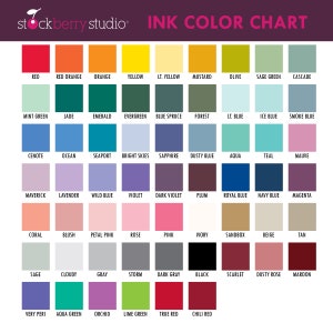 May include: Ink color chart with 60 different colors, including red, orange, yellow, green, blue, purple, pink, brown, gray, and black. The chart is labeled with the name of each color.