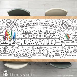May include: A black and white coloring table runner featuring a race car theme. The runner says "Vroom-Vroom Happy 3rd Birthday David".