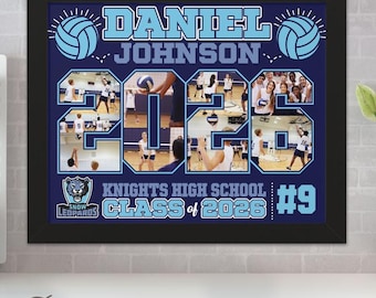Puede incluir: Un collage fotográfico enmarcado del equipo de voleibol. El fondo azul marino presenta el nombre "DANIEL JOHNSON" y el año "2026" en azul claro. También es visible el texto "KNIGHTS HIGH SCHOOL CLASS of 2026 #9". El collage incluye fotos de acción de jugadores de voleibol.