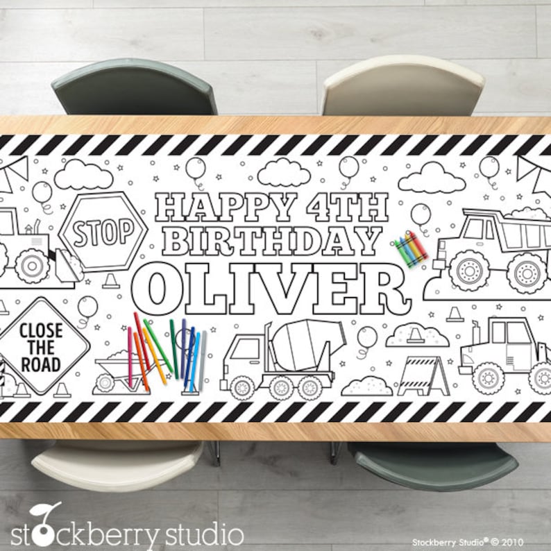 Construction Coloring Tablecloth Birthday Party Decorations Children's Party Games Activity Poster Table Runner Boy First Birthday Decor image 1