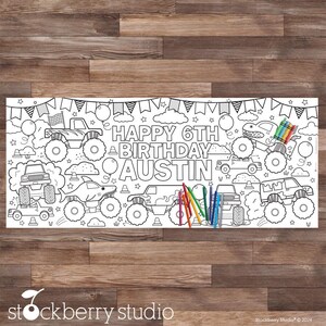 May include: A black and white coloring page featuring monster trucks, a dinosaur, and the text "HAPPY 6TH BIRTHDAY AUSTIN".