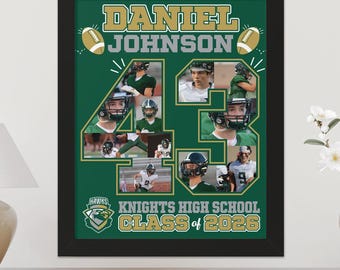 Football Player Number Photo Collage Frame Personalized Senior Night Gift Canvas Student Coach Athlete Soccer Football Team Sports Poster