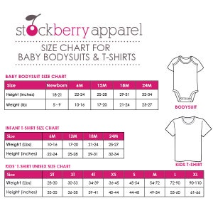 Puede incluir: Una tabla de tallas para bodys y camisetas de beb&eacute; de Stockberry Apparel. Incluye tres tablas que detallan la altura en pulgadas y el peso en libras para tallas desde reci&eacute;n nacido hasta 24 meses, y de 2T a XL. Se muestran ilustraciones de las prendas.