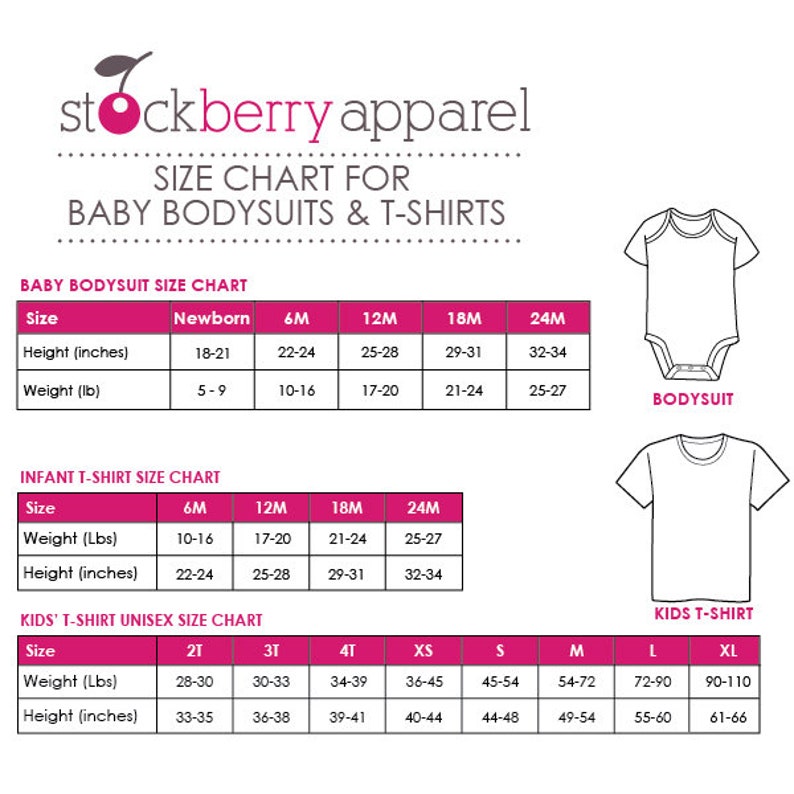 Puede incluir: Una tabla de tallas para bodys y camisetas de beb&eacute; de Stockberry Apparel. Incluye tres tablas que detallan la altura en pulgadas y el peso en libras para tallas desde reci&eacute;n nacido hasta 24 meses, y de 2T a XL. Se muestran ilustraciones de las prendas.