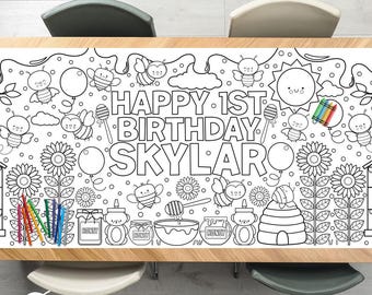Bee Coloring Tablecloth Fun to Bee One Birthday Party Decorations Bumble Bee Activity Poster Honey Table Runner Girl First Birthday Decor