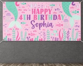 Mermaid Birthday Party Vinyl Banner Personalized Under the Sea Decorations Party Banner Mermaid Decor Custom Girl Birthday Name Banner