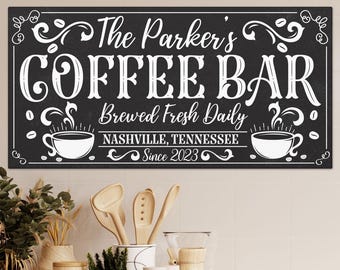 Coffee Bar Sign Personalized Coffee Bar Canvas Cafe Sign Barista Wall Decor Kitchen Sign Custom Name Coffee Lover Gift