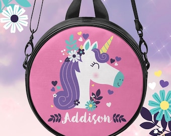 Borsa a tracolla rotonda unicorno, regalo di compleanno personalizzato con nome, borsetta arcobaleno per bambine, borsetta unicorno per bambini, borsa unicorno per bambina, borsa a mano personalizzata