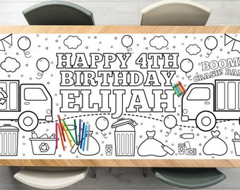 Garbage Truck Coloring Tablecloth Birthday Party Decorations Trash Bash Party Games Activity Poster Table Runner Boy First Birthday Decor