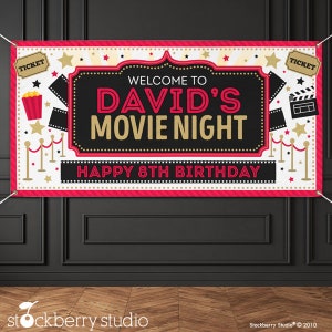 May include: A red and gold movie night birthday banner with the text "Welcome to David's Movie Night Happy 8th Birthday".