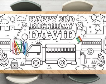 Fire Truck Coloring Tablecloth Birthday Party Decorations Fireman Firefighter Activity Poster Firetruck Table Runner Boy Birthday Decor
