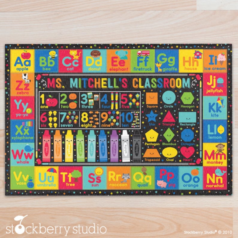 May include: A colorful alphabet and number learning rug with a black background. The rug features a variety of illustrations, including animals, objects, and shapes. The text "MS. MITCHELL'S CLASSROOM" is printed in white at the top of the rug.