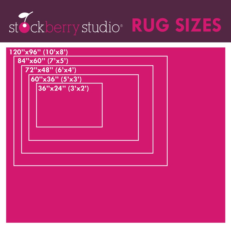 May include: A pink graphic showing different rug sizes in inches and feet. The rug sizes are 120"x96", 84"x60", 72"x48", 60"x36", and 36"x24".