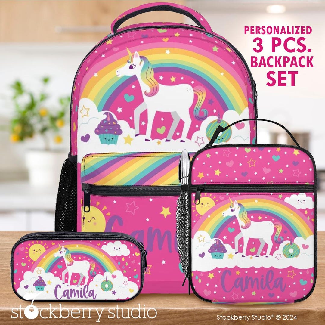 Unicorn Rainbow Backpack Lunch Bag Pen Pouch Set Personalized Name Back ...