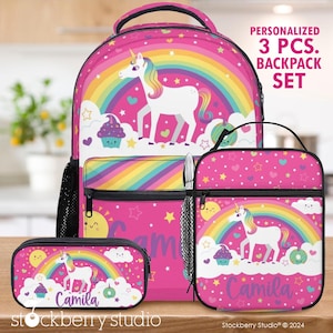 Unicorn Rainbow Backpack Lunch Bag Pen Pouch Set Personalized Name Back to School Custom Kids Back pack Girl Holiday Travel Vacation Gift