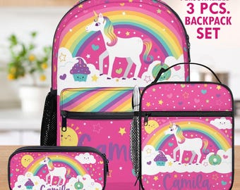 Unicorn Rainbow Backpack Lunch Bag Pen Pouch Set Personalized Name Back to School Custom Kids Back pack Girl Holiday Travel Vacation Gift