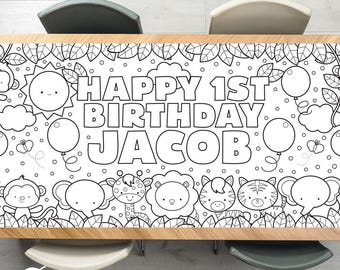Safari Jungle Coloring Tablecloth Birthday Party Decorations Lion Monkey Activity Poster Elephant Animals Table Runner Boy Birthday Decor