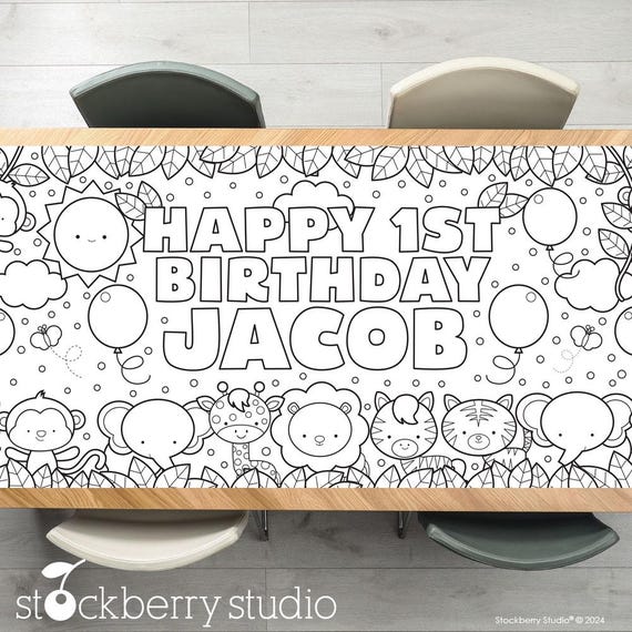 Safari Jungle Coloring Tablecloth Birthday Party Decorations Lion Monkey Activity Poster Elephant Animals Table Runner Boy Birthday Decor