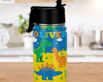 Dinosaurussen waterfles met rietje Boy gepersonaliseerde T-Rex dieren kinder waterfles aangepaste jongens dino beker terug naar school cadeau
