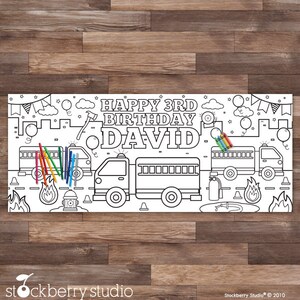 Fire Truck Coloring Tablecloth Birthday Party Decorations Fireman ...