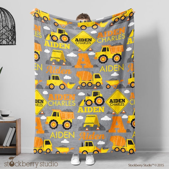 Construction Blanket Personalized Name Baby Boy Blanket Dump Truck Baby Blanket Kids Work Vehicles Boys Gift Child Name Blanket Custom Il_570xn