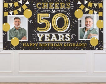 Cheers to 50 Years Birthday Banner Personalized 50th Birthday Men Women 50th Anniversary Decorations Black and Gold Birthday Banner Backdrop