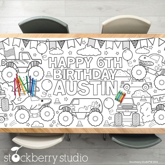 Monster Truck Birthday Party Coloring Tablecloth Decorations Children's Party Games Activity Poster Table Runner Boy First Birthday Decor