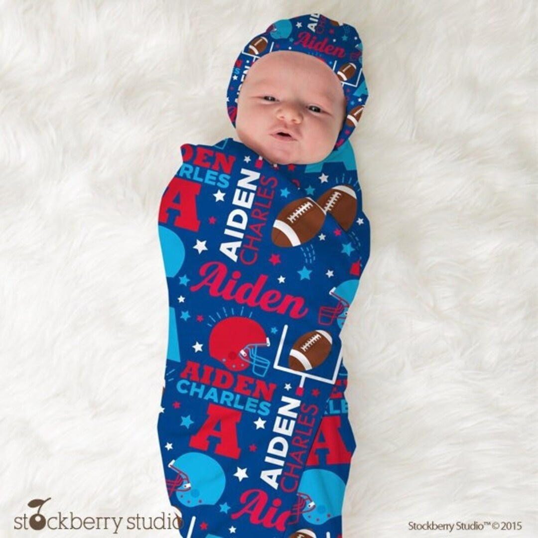 Football Swaddle Boy Name Blanket Personalized Sports Receiving Blanket Football Nursery