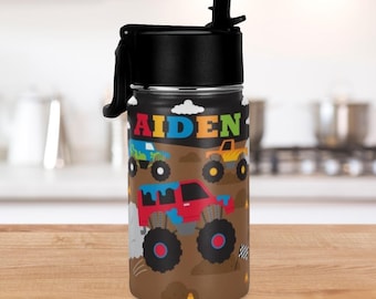 Botella de agua infantil Monster Truck, regalo personalizado, botella de agua infantil Monster Truck, vaso personalizado para niños con forma de camión.