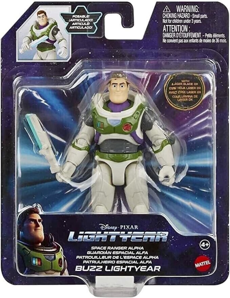 May include: Buzz Lightyear action figure in a plastic package. The figure is wearing a white, green, and purple spacesuit and holding a laser blade. The packaging includes the Disney Pixar Lightyear logo and the text "Space Ranger Alpha".